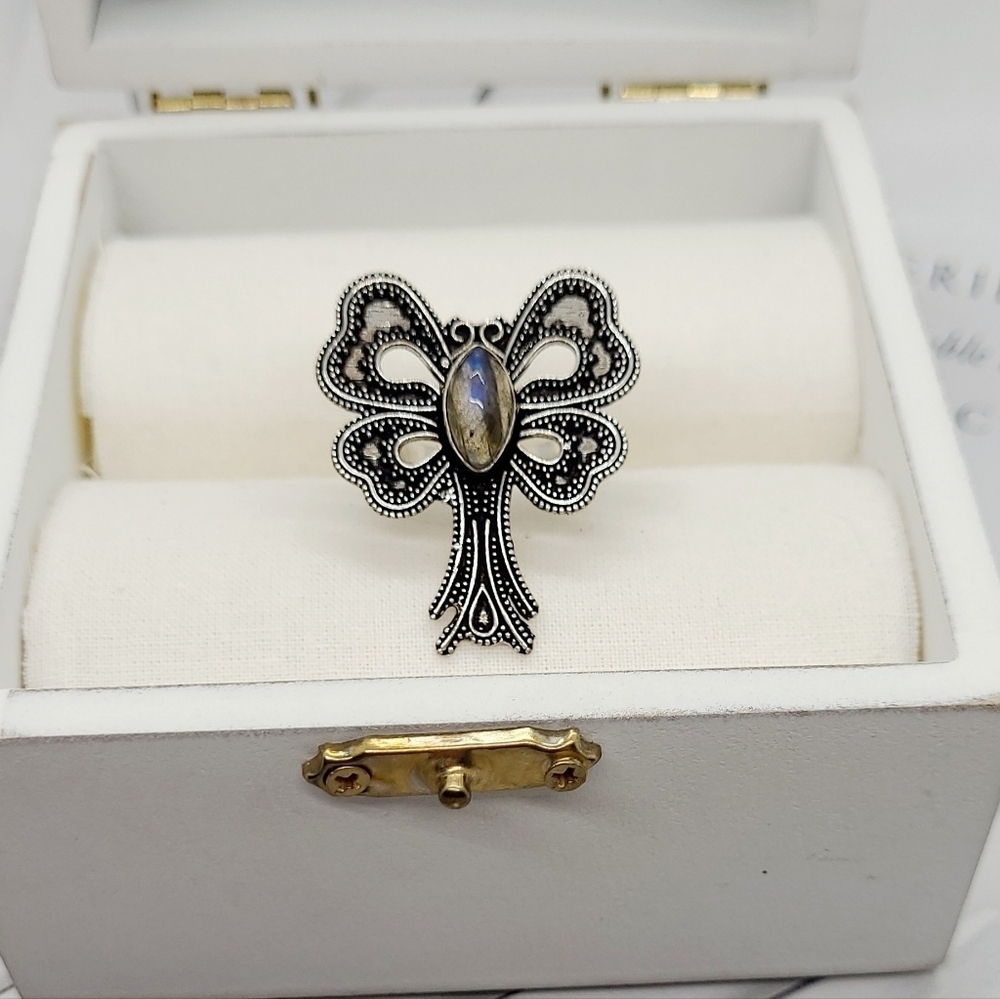 Genuine Oval Labradorite Dragonfly Boho Silver Statement Ring Sz 8